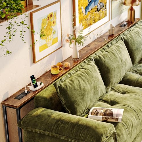 110.2 Inch Behind Couch Table with 2 Power Outlets and USB-C Ports, Extra Long Narrow Sofa Table for Sectional Sofa, Skinny Console Table with Anti-Bump Pads, for Living Room, Rustic Brown