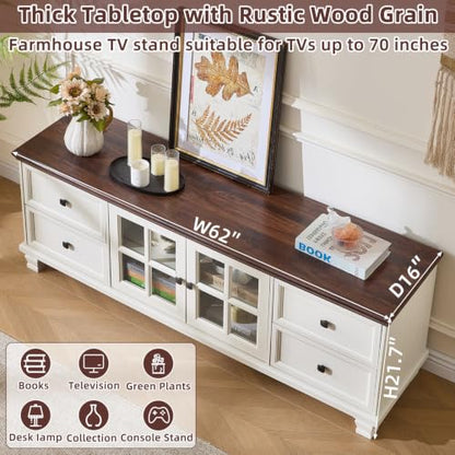 Farmhouse TV Stand with Glass Doors for Living Room, White, view 7