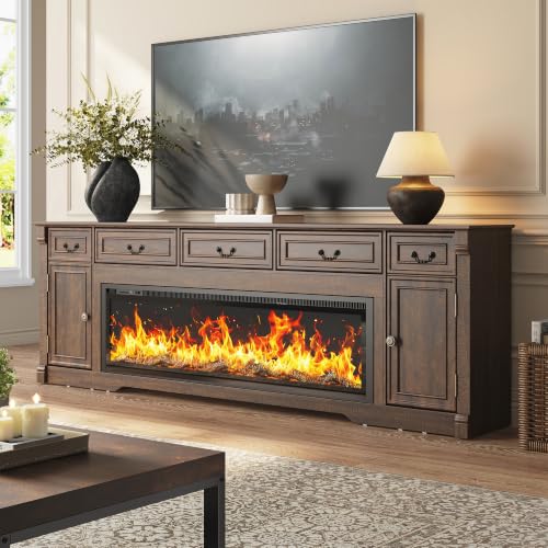 95" Fireplace Farmhouse TV Stand with 60" Electric Fireplace w Remote,Brown, view 2