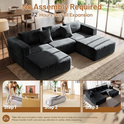 110" Modular Sectional Boneless Sofa with 2 Ottomans, U Shaped Cloud Couch for Living Room, Deep Seat Corduroy Floor Sofa, No Assembly Required, Compressed Couch, 5 Seat, Grey