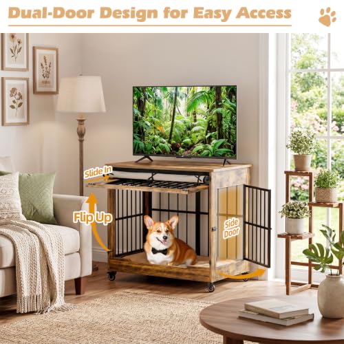 Wooden Dog Crate Furniture, Indoor Dog Kennel Rustic Brown M, view 3