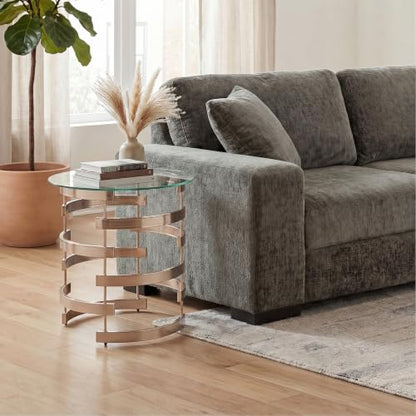 Belmar Contemporary Round Glass Top End Table, Champagne