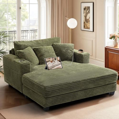 60" Chaise Lounge Chair Indoor, Wood Frame, Green, view 2