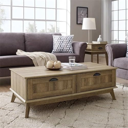 Wood Coffee Table, 45" W x 22" D x 15.7" H, Engineered Wood and Metal, Golden Oak Finish, Center Table with 2 Drawers, Ball Bearing Slides, Scandinavian Style Living Room Furniture