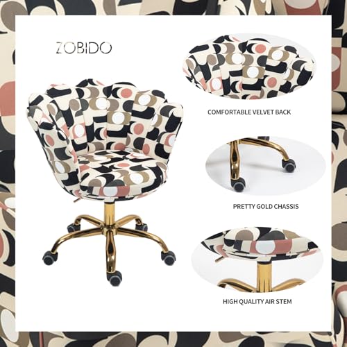 Comfy Home Office Task Chair with Wheels, Cute Modern Upholstered Velvet Seashell Back Adjustable Swivel Vanity Desk Chair, for Women,for Girls, Living Room, Bedroom（Geometric Figure