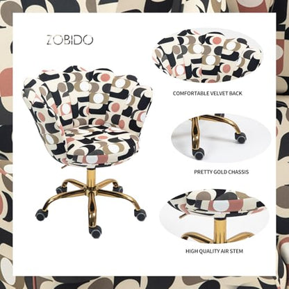 Comfy Home Office Task Chair with Wheels, Cute Modern Upholstered Velvet Seashell Back Adjustable Swivel Vanity Desk Chair, for Women,for Girls, Living Room, Bedroom（Geometric Figure