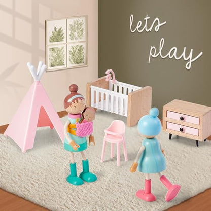 36pcs Wooden Dollhouse Furniture Set with Dolls for 5 Rooms, Wood & Plastic Pink Dollhouse Accessories Pretend Play Furniture Toy Christmas Birthday Gift Toy for Kids Boys Girls Toddler 3+