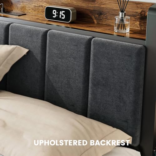 King Size Bed Frame with Charging Station, Storage Headboard, view 8