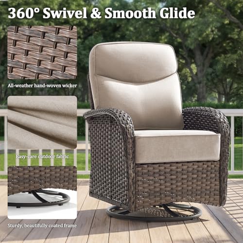 Outdoor Swivel Rocking Chair Patio Set (9pcs) High-Back - Thick Cushion Swivel Rocking Chair Patio with Fire Table Set, All-Weather Wicker Patio Furniture Set, Suitable for Balcony Patios, Brown/Beige