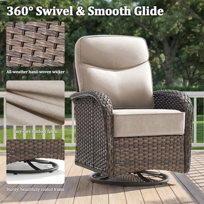 Outdoor Swivel Rocking Chair Patio Set (9pcs) High-Back - Thick Cushion Swivel Rocking Chair Patio with Fire Table Set, All-Weather Wicker Patio Furniture Set, Suitable for Balcony Patios, Brown/Beige