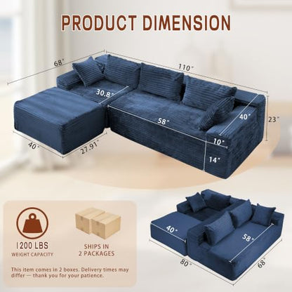 108" L-Shaped Modular Sectional Sofa with Chaise, Boneless Comfy Corduroy Fluffy Couch with Deep Seat and Side Pockets, Flexible Module Combination for Living Room, No Assembly, Side Pockets