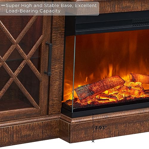3-Sided Glass Farmhouse Fireplace TV Stand for TVs up to 80'', Highboy Entertainment Center with Glass Door Storage Cabinet, 70'' Large TV Stands with 36'' Electric Fireplace, Reclaimed Barnwood