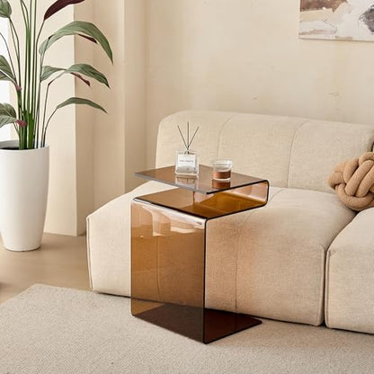 Glass Nightstand,Side Table,S-Shaped End Table for Living Room,Bedside Table for Bedroom (Brown)