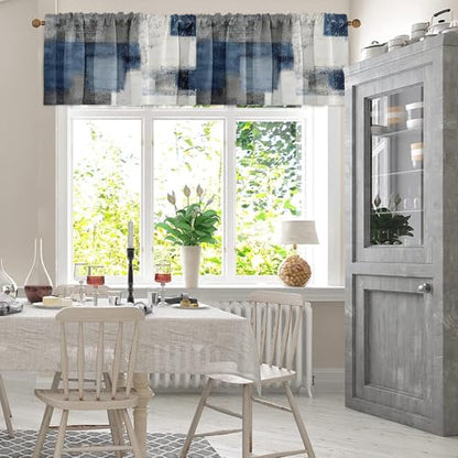 4 Pack Valances Window Treatments, Blue and Grey Abstract Modern Art Blackout Drapes Adjustable Curtain for Windows Living Room Kitchen Over Sink, 52x18 Inch Rod Pocket Valances