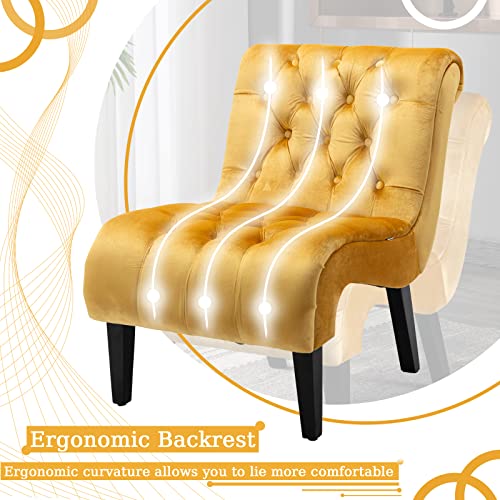 Comfy Velvet Accent Chair, Upholstered Armless Side Chair for Living Room, Modern Small Lounger with Tufted Back and Rolled Edge Design, Comfy Reading Chaise Lounge with Solid Rubber Wood Legs, Yellow
