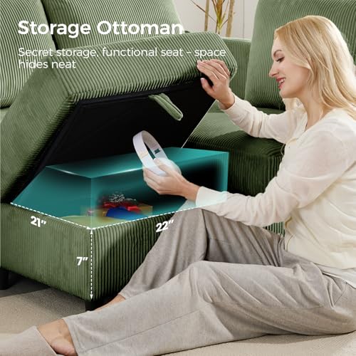 Modular 83'' 6 Seater Sofa Bed - Sectional Sofa with Storage Ottoman, Convertible U/L -Shaped Sleeper Couch for Living Room, Modern Reversible Design, Green
