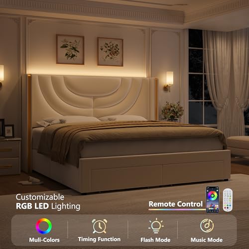 Queen Upholstered LED Bed Frame with 2 Storage Drawers, Velvet Platform Bed with Wingback Headboard, Solid Wooden Slats Support, No Box Spring Needed, Headboard Splicing Design, Beige
