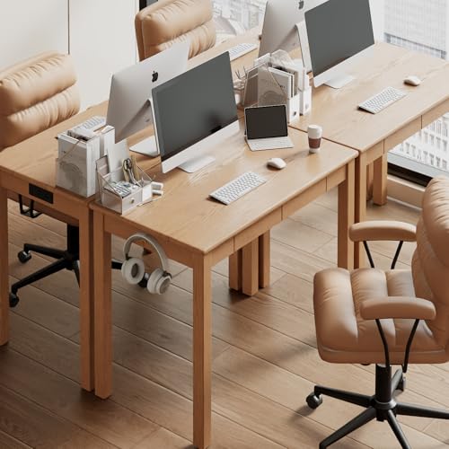 Solid Wood Desk with Charging Station and Drawers,Natural Color, view 7