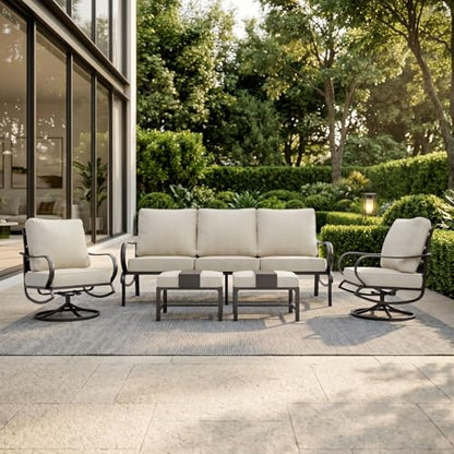 5 Piece Metal Patio Furniture Set with 5.75" Cushion, Modern Outdoor Furniture Set with 3-Seater Deep Seating Sofa, 2 Patio Swivel Chairs & 2 Ottoman, Patio Conversation Sets for Garden Deck