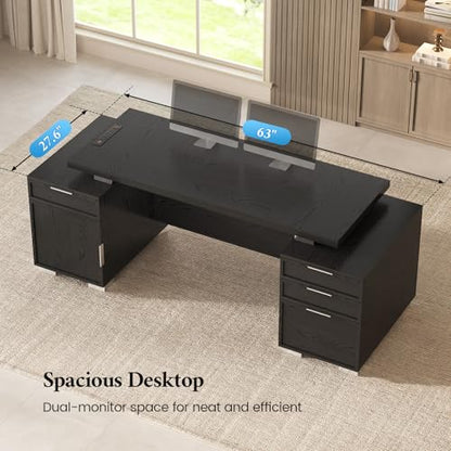 80.6" Executive Desk with Power Outlet and File Drawer, Modern Home Office Desk with 3 Large Cabinets and Privacy Panel, Business Furniture for Home Office, Living Room, Black