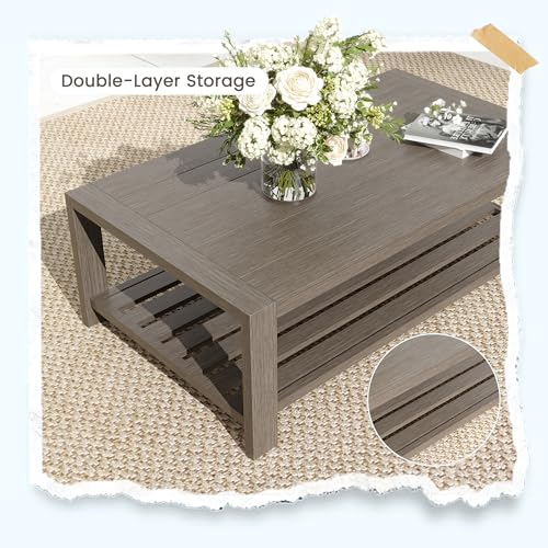 Aluminum Patio Furniture Set, Faux Wood Grain Modern Outdoor Furniture, 6" Cushions Metal Patio Conversation Sofa with Coffee Table for Poolside Deck, 8 PCS, Beige(Include 600D Covers)
