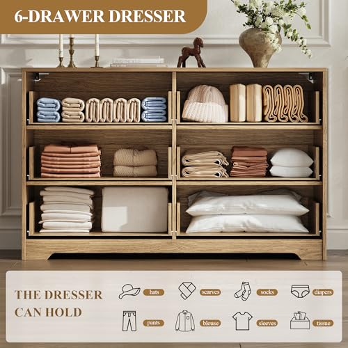 55" Wide Coastline Fluted 6 Drawers Dresser for Bedroom,Walnut, view 5