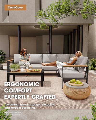 Aluminum Outdoor Patio Furniture Set 8 Seats, Outdoor Sectional Corner Sofa, Patio Conversation Sets with Coffee Table & Washable Thick Cushions, Outdoor Furniture for Backyard, Porch, Gray