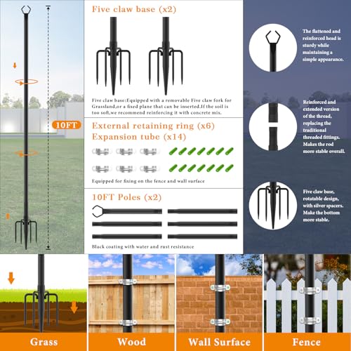 2 Pack String Light Poles,10 Ft Light Poles for Outside String Lights,Outdoor Lights Pole with Fork,Metal Poles Stand for Patio Deck Backyard (10FT 2 Pack)