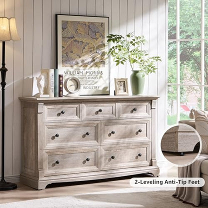 Farmhouse 7 Drawers Dresser for Bedroom, 54" Wide Wood Rustic Chest of Drawers w/Roman Column, Wooden Storage Dressers Organizer for Bedroom, Living Room, Light Rustic Oak