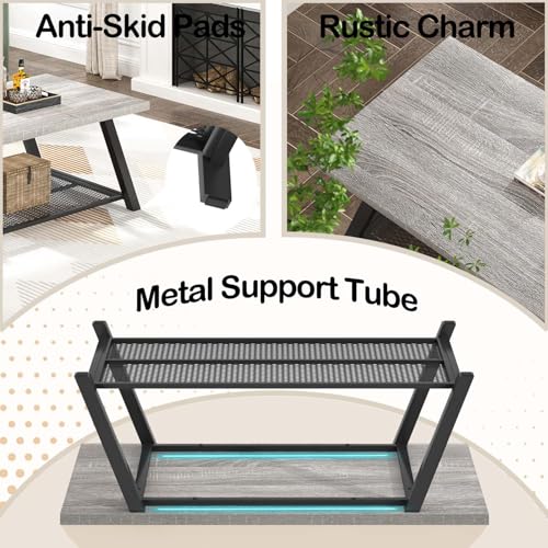 Industrial Coffee Tables for Living Room with Storage, Rustic Wood and Metal Coffee Table, Modern Rectangle Center Cocktail Tea Table, Light Grey, 47 Inch