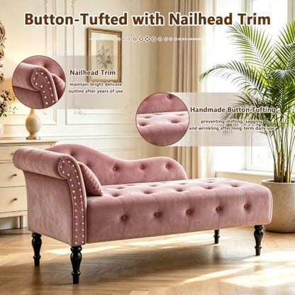 Velvet Upholstered Chaise Lounge Chair Indoor with Pillow, view 6