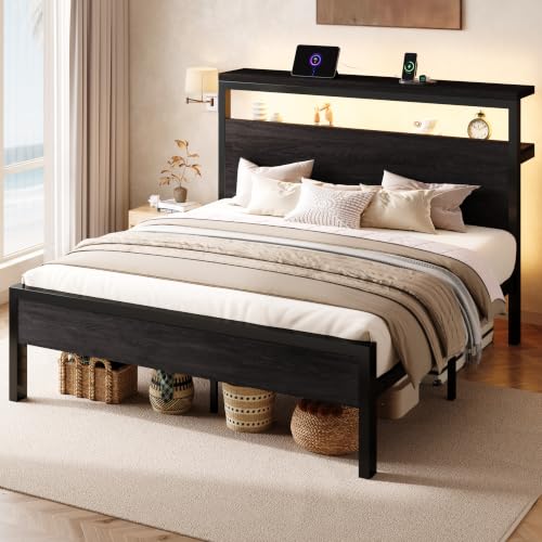 Queen Bed Frame, 2-Tier Storage Headboard, LED, Charging Station, view 4