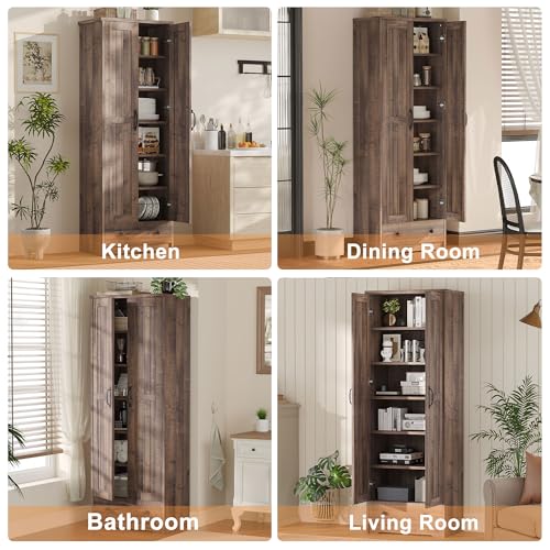 70" Tall Storage Cabinets, Large Wood Storage Pantry Cabinet with 6 Adjustable Shelves, 2 Striped Doors & Drawer, Standing Utility Cabinet for Kitchen, Bathroom, Dining Room, Antique (Brown)