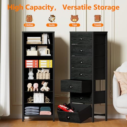 Black Bedroom Dresser, Tall Chests of Drawers with 7 Fabric Bins, view 5