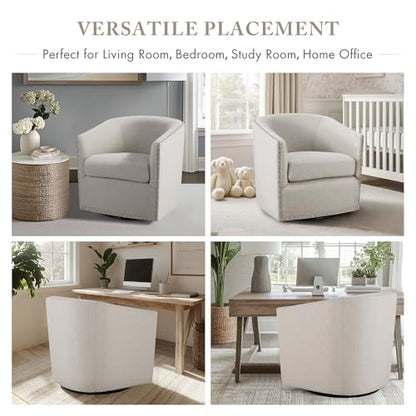 Swivel Barrel Accent Chair, Upholstered Curved Back with 7-Inch Thick Woven Cushion, 360° Swivel, Nailhead Trim, Comfy Chair for Living Room, Bedroom, Office, 28" Wide, Neutral, Tyler