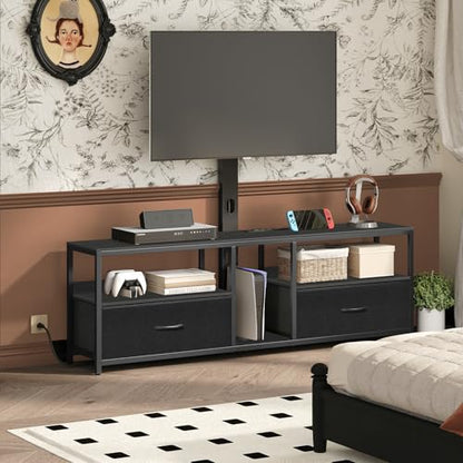 TV Stand with Mount for up to 75", Entertainment Center with Switch-Controlled Charging Station, Swivel TV Stand Mount with Fabric Drawers, for Living Room, Black TVBK154E01N2