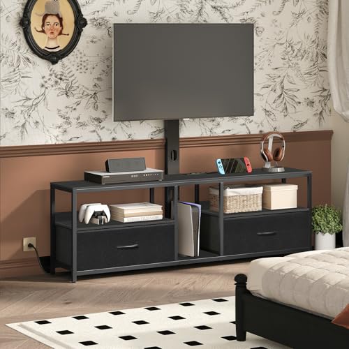 TV Stand with Mount for up to 75", Entertainment Center with Switch-Controlled Charging Station, Swivel TV Stand Mount with Fabric Drawers, for Living Room, Black TVBK154E01N2