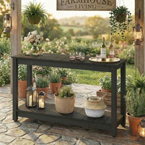 Outdoor Console Table, All-Weather 2-Tier Patio Console Table with Adjustable Feet, Low Maintenance, for Backyard, Garden, Entryway, and Deck, Black
