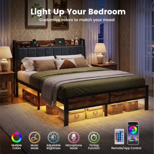 Queen Bed Frame Storage Headboard with Lights, view 4