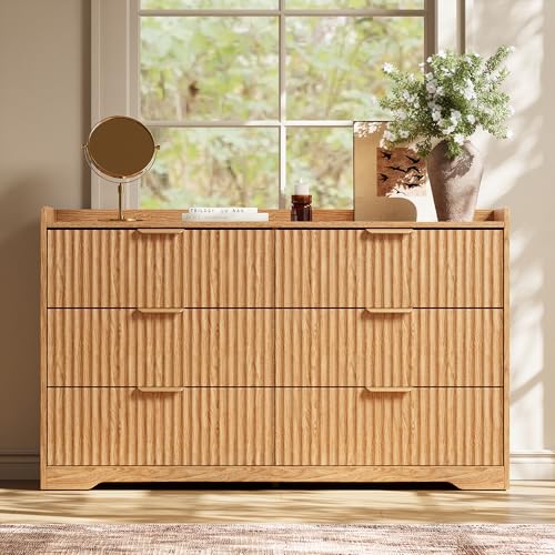 Fluted Dresser for Bedroom 6-Drawer Chest of Drawers, Natural Oak, view 4