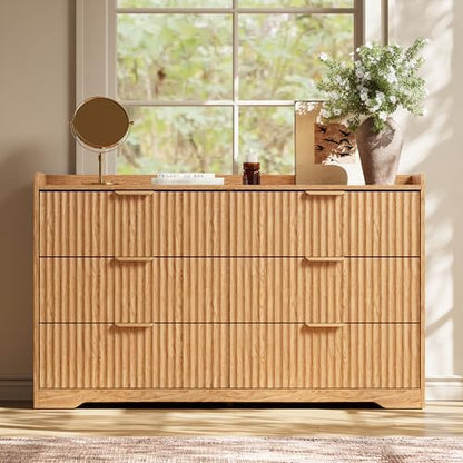 Fluted Dresser for Bedroom 6-Drawer Chest of Drawers, Natural Oak, view 4