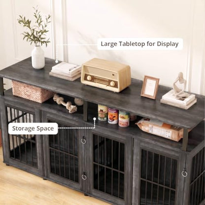 87" Double Dog Crate Furniture with Removable Divider, Grey, view 6