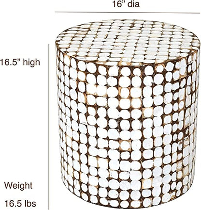 Boho Side Table Nightstand – White Coconut Shell End Table, Handcrafted Accent Furniture for Living Room, Bedroom, or Entryway – Rustic Coastal Decor, No Assembly Needed