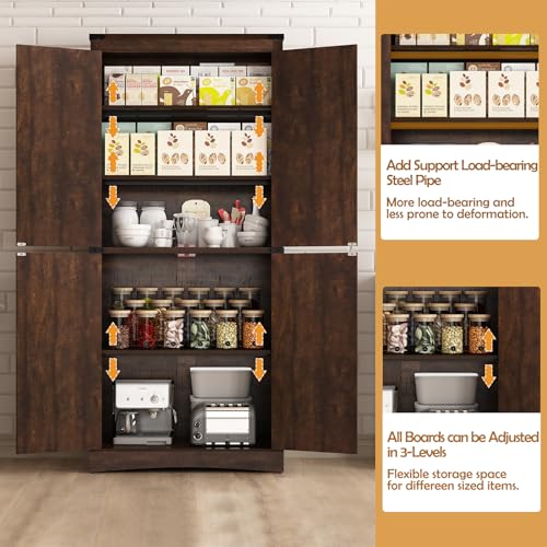 71" Tall Kitchen Pantry,Farmhouse Storage Cabinet with Adjustable Shelves,Load-Bearing Steel Pipe,Farmhouse Pantry Cabinet with 4 Barn Doors, for Kitchen,Dining Room,Living Room(Brown)