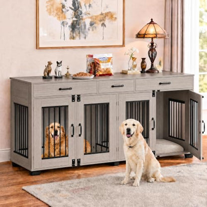 GAOMON 71-Inch Wooden Double Dog Crate with 3 Drawers, Grey, view 2