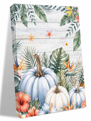 NuYeBiofx Fall Pumpkin Tropical Plant Canvas Wall Art Prints,48"x32" Framed Picture Artwork Thanksgiving Flower Farm Wood Printed Canvas Oil Painting for Living Room Bedroom Office,Ready to Hang