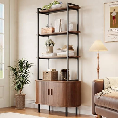 4 Tier Bookshelf with Cabinet, 71" Tall Display Bookcase Walnut, view 2