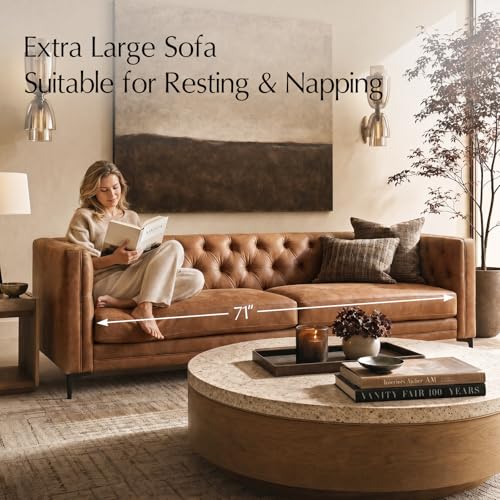 84" W Faux Leather Sofa Couch with Metal Legs, Button-Tufted 3-Seater Sofa, Mid Century Modern Upholstered Couch for Living Room, Entertainment Area, Apartment,Camel