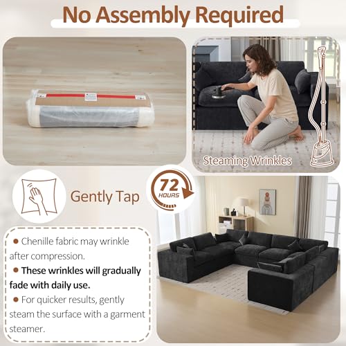 146''Cloud Boneless Sectional Couch, Modular Sectional Sofa Deep Seat, Oversized Upholstered Convertible Comfy 8 Seater Chenille Memory Foam Sofa U Shape Couches for Living Room, Dark