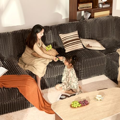 139" U-Shaped Cloud Couch, Modular Sectional, Deep Seats, Grey | Pocket Spring Cushions, Oversized 7-Seater, Left Facing Chaise, Corduroy Upholstery Couches for Living Room, Not Boneless